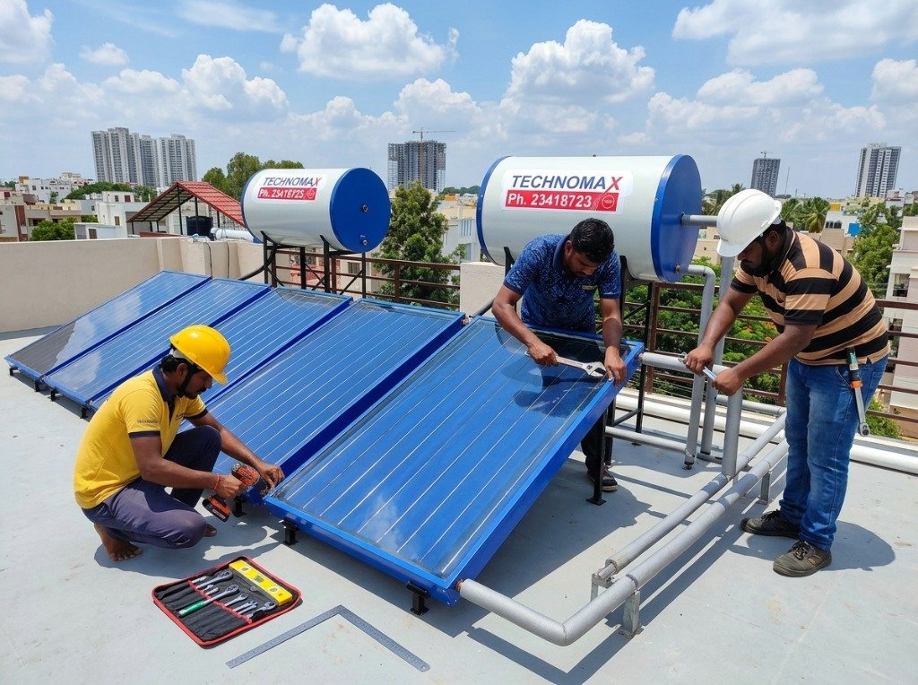Solar technicians repairing and servicing solar panels Hebbal Bangalore